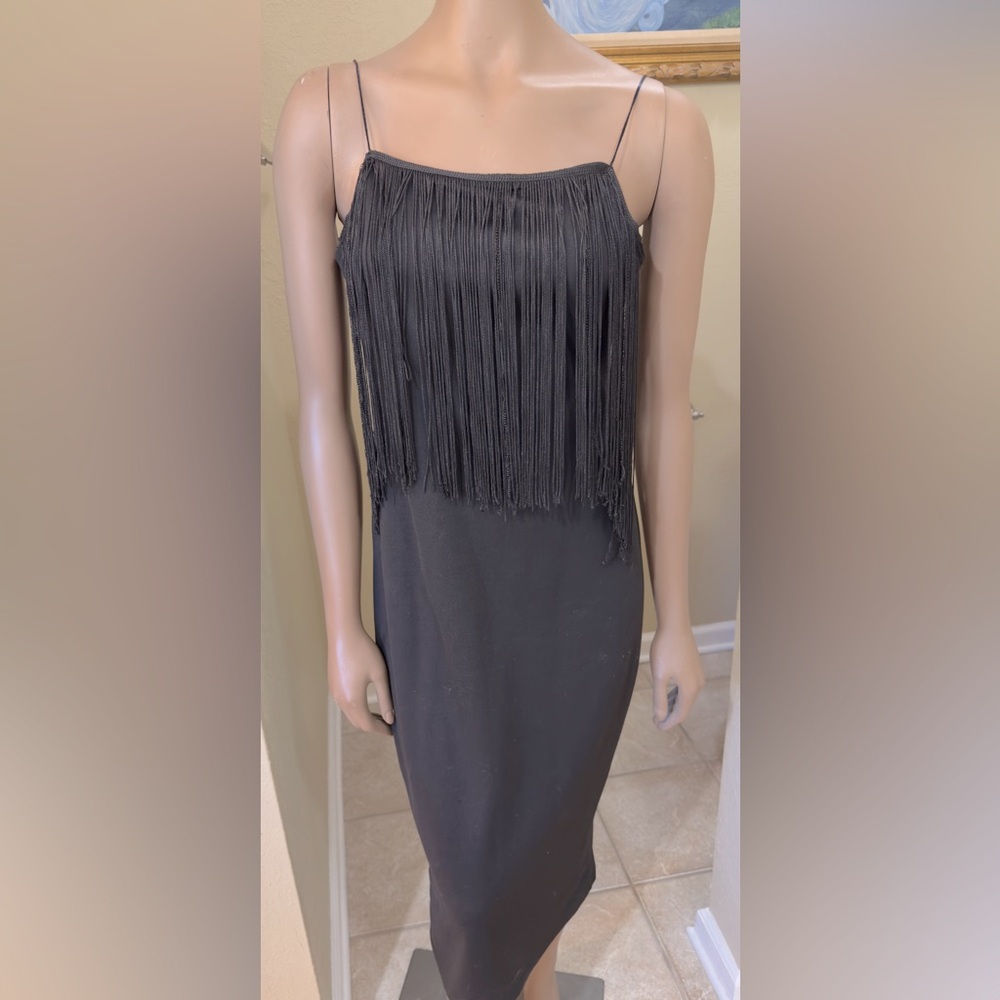 ZARA NWT Black Knit Fringe Detail Midi Dress, sz Large